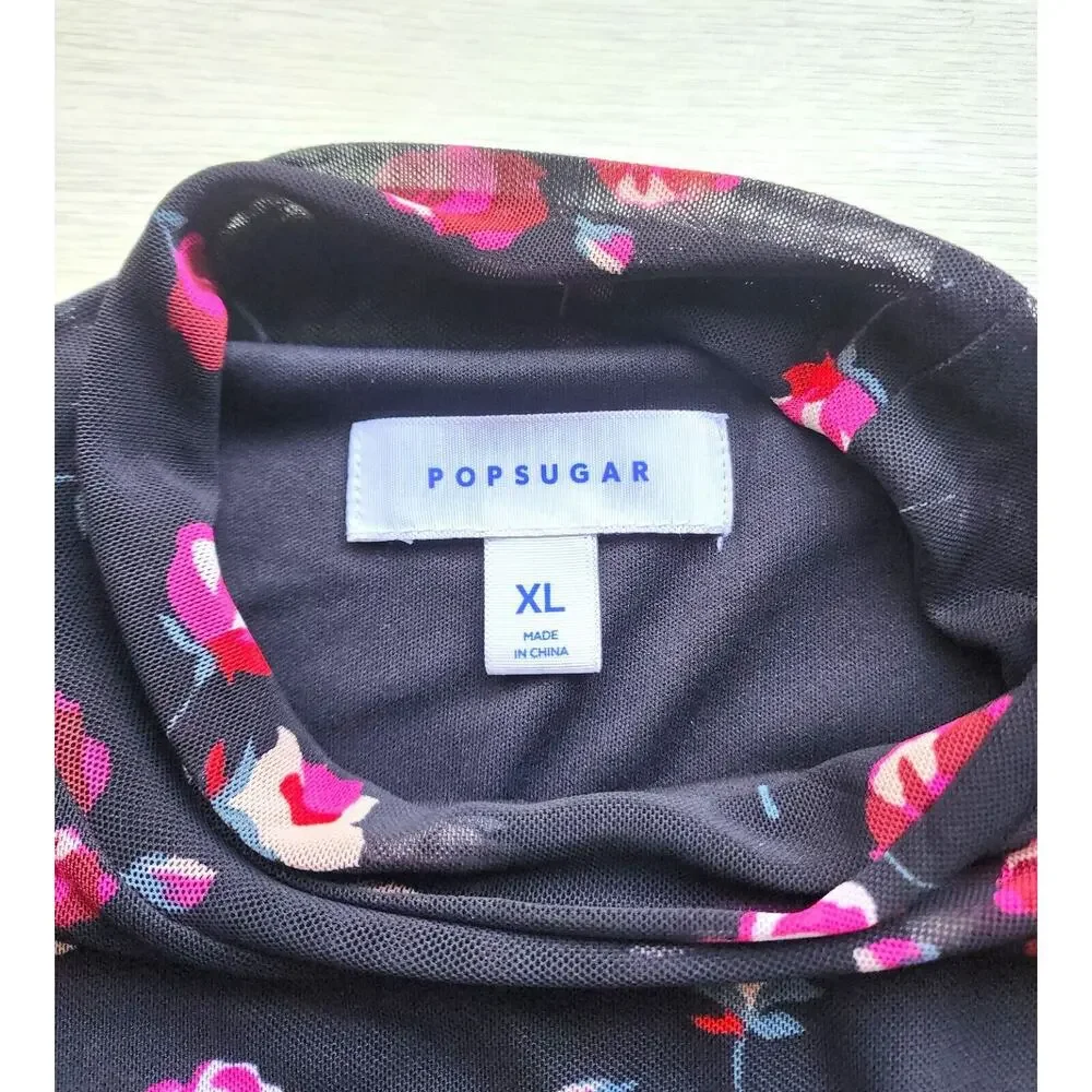 POPSUGAR Women's XL Black Floral Mesh Sheer Sleeve Mock Neck Top Blouse